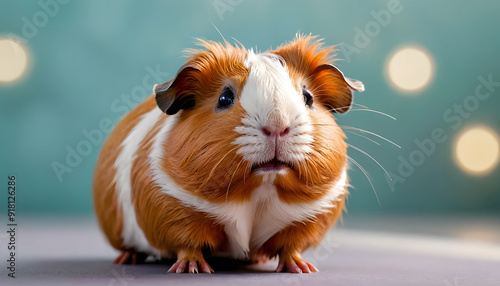 A cute guinea pig with a fluffy coat, featuring a mix of orange and white colors, sitting on a soft surface with a blurred background of soft lights. photo