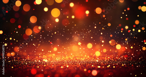 Abstract Red and Gold Glitter Background with Bokeh Lights.