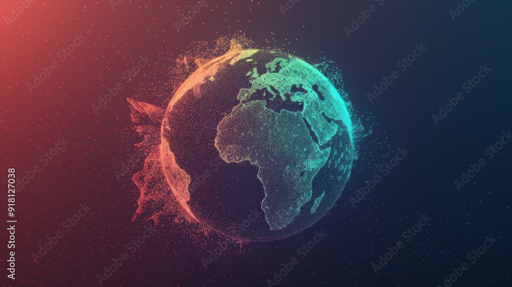 Fototapeta premium Abstract digital representation of Earth with glowing lines and vibrant colors. Planetary concept art in a dark, cosmic environment.
