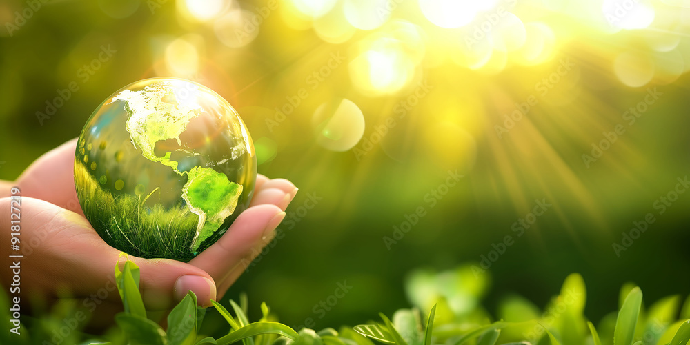 Child hands holding green Earth globe in nature Child hands holding green Earth globe in nature