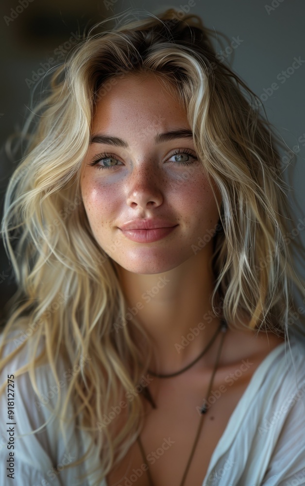 A woman with blonde hair and a smile on her face. She is wearing a white shirt and a necklace A woman with blonde hair and a smile on her face. She is wearing a white shirt and a necklace