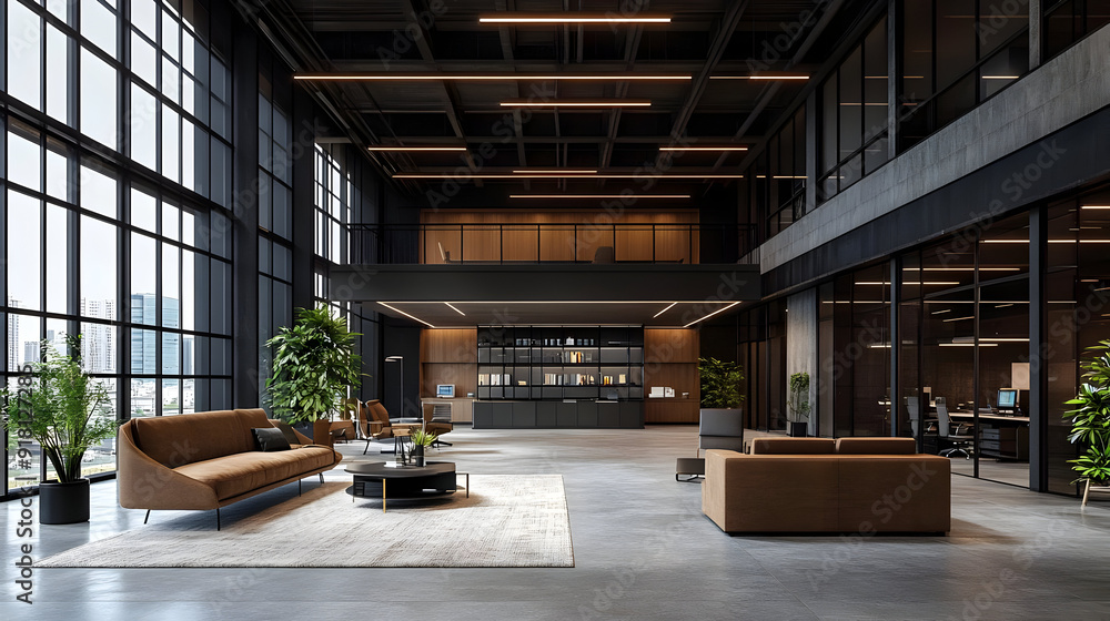 Modern office lobby with large windows and comfortable seating. Modern office lobby with large windows and comfortable seating.