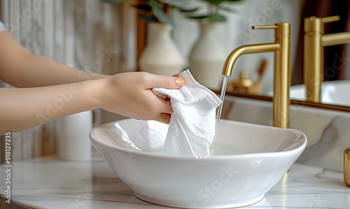 Hand wringing wet cloth over white sink in bathroom photo