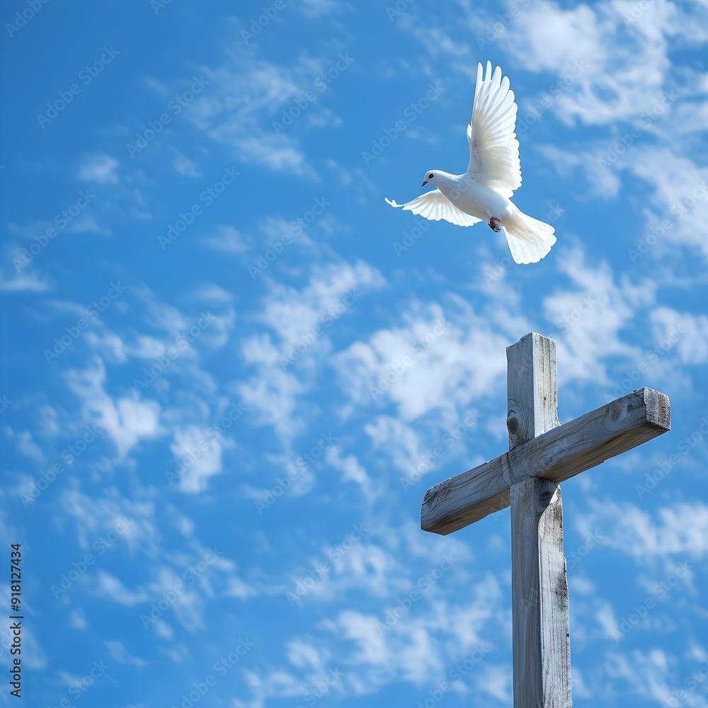 Cross with Dove Soaring Above Symbol of Peace and Hope for Spiritual Faith Cross with Dove Soaring Above Symbol of Peace and Hope for Spiritual Faith