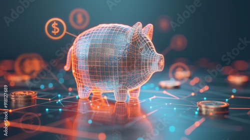 Abstract digital piggy bank symbolizing savings and finance, surrounded by currency symbols and coins, representing secure investment.