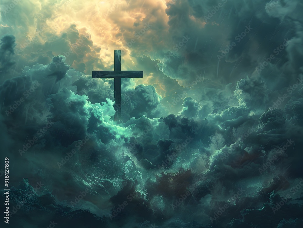 Dramatic Stormy Skies with Powerful Christian Cross Symbol Concept Dramatic Stormy Skies with Powerful Christian Cross Symbol Concept