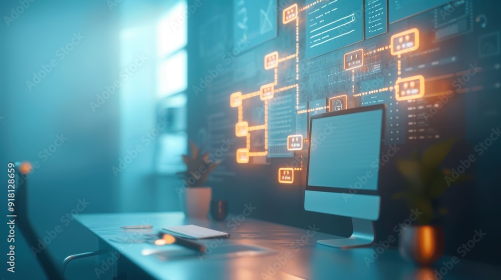 Modern workspace featuring a computer with a network diagram on screen, showcasing digital connectivity and contemporary technology. Modern workspace featuring a computer with a network diagram on screen, showcasing digital connectivity and contemporary technology.