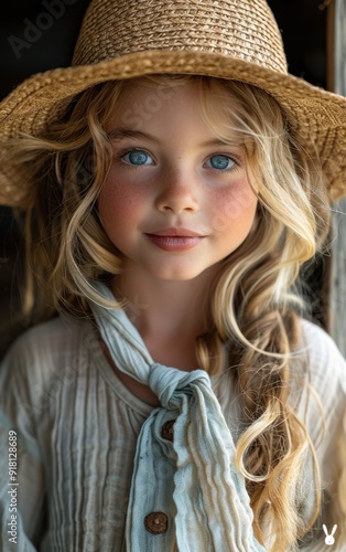 A young girl with blonde hair and blue eyes is wearing a straw hat and a white shirt. She is smiling and looking at the camera