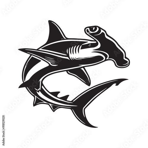 Hammerhead Shark Clipart, Hammerhead Shark Fish Outline, Shark silhouette, Shark Fish illustration black and white 