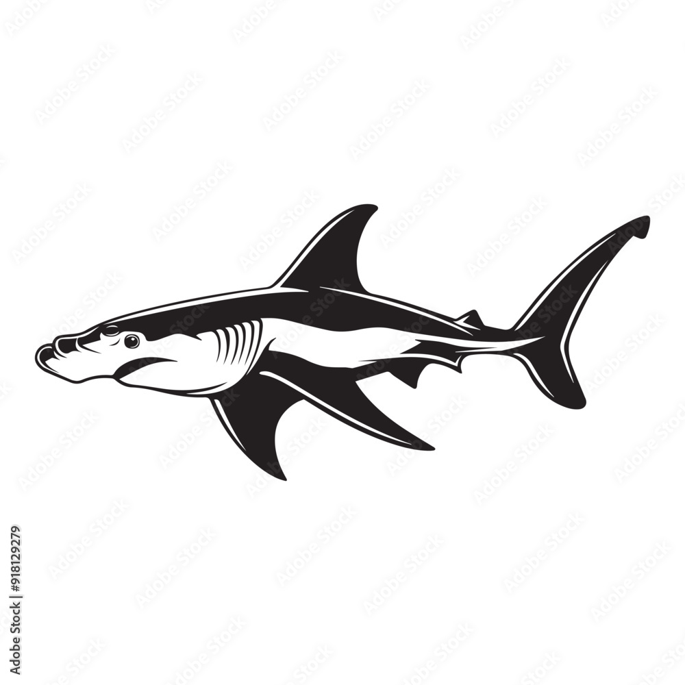 Obraz premium Hammerhead Shark Clipart, Hammerhead Shark Fish Outline, Shark silhouette, Shark Fish illustration black and white 