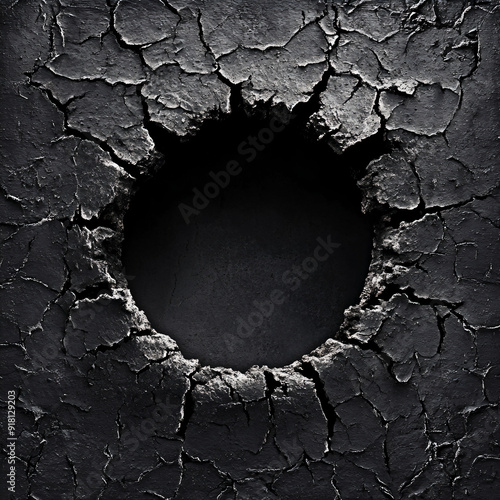 Cracked Black Surface with Round Hole. photo