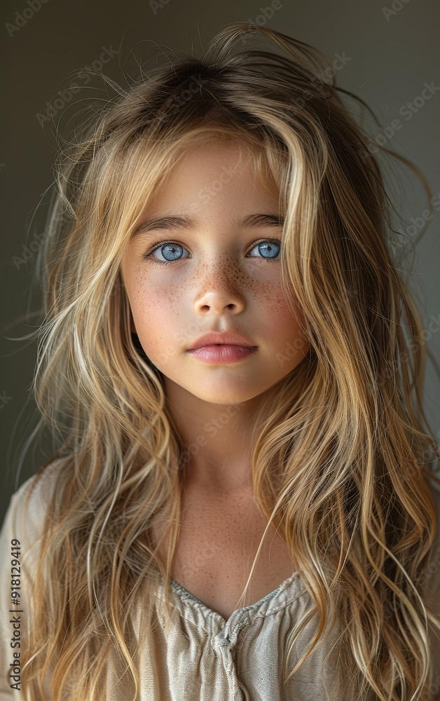 A young girl with long blonde hair and blue eyes. She has a light blue shirt on A young girl with long blonde hair and blue eyes. She has a light blue shirt on