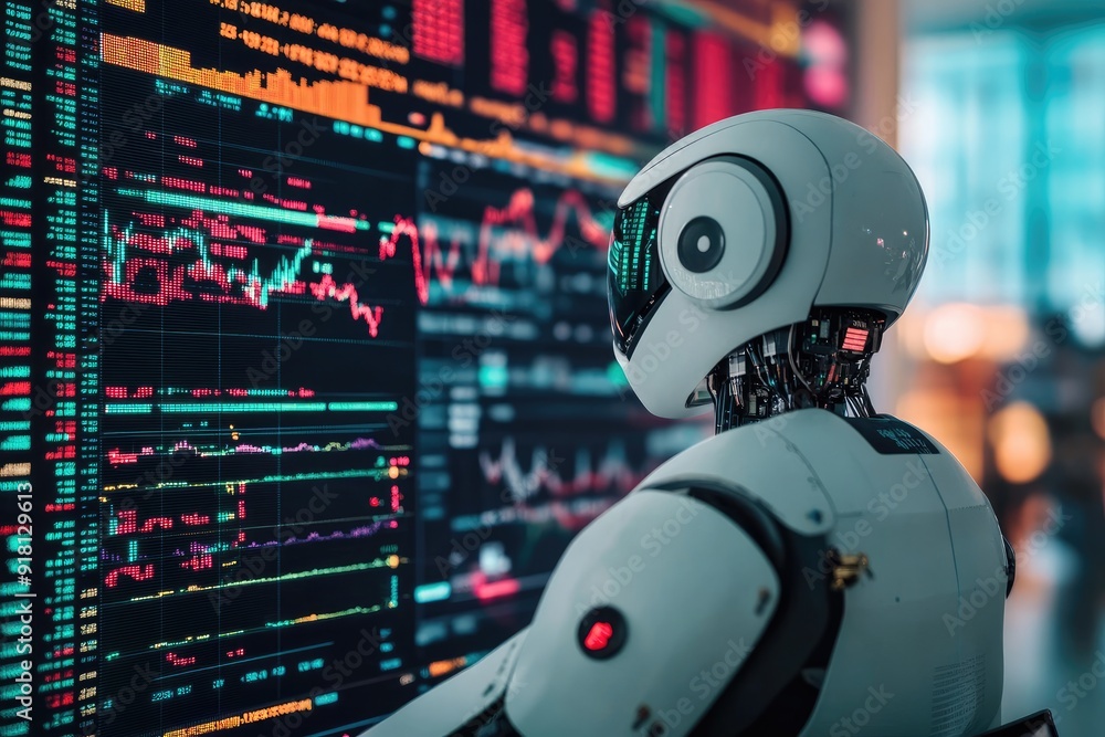 A humanoid robot observing financial data on a large screen A humanoid robot observing financial data on a large screen