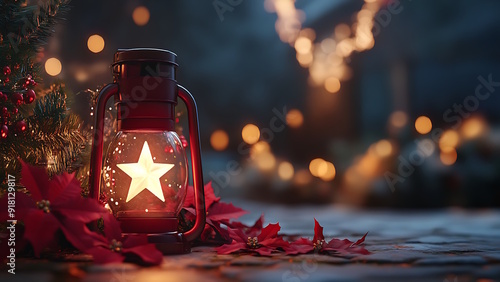 Lantern with Christmas Decorations,blurred background,space for greeting text