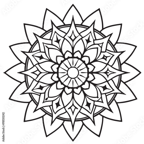 abstract wild Mandela design png, adult anti-stress coloring page in line art, floral pattern coloring sheet