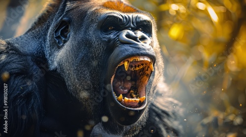 A close-up of a gorilla with its mouth open, showing its teeth. The gorilla is in a wild setting. photo