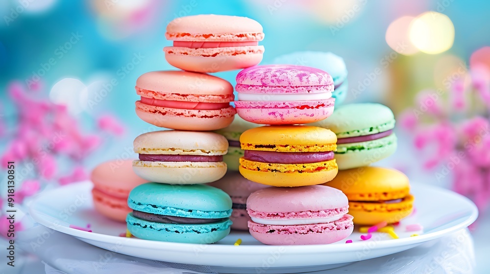 A group of colorful macaroons stacked on a white plate. The vibrant pastel colors create a playful and eye-catching image. A group of colorful macaroons stacked on a white plate. The vibrant pastel colors create a playful and eye-catching image.