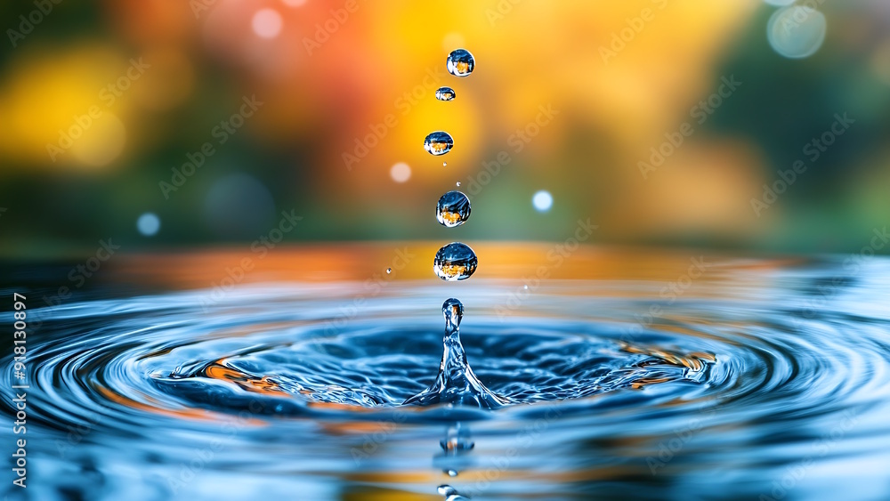 Water droplets fall into blue water and create water splashes,blurred autumn background,space for text Water droplets fall into blue water and create water splashes,blurred autumn background,space for text