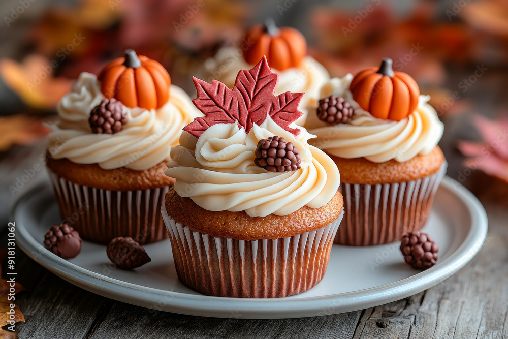 Handmade autumn cupcakes with leaf and pumpkin decor, cozy Thanksgiving theme handmade autumn cupcakes on rustic table, beautiful seasonal treat handmade autumn cupcakes for fall Handmade autumn cupcakes with leaf and pumpkin decor, cozy Thanksgiving theme handmade autumn cupcakes on rustic table, beautiful seasonal treat handmade autumn cupcakes for fall