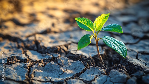 Young Green Plant Growing up on Crack soil Earth, New life and new hope for new generation of environment concept