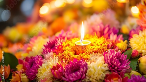 A detailed close-up of the floral arrangements on a krathong, with a candle burning brightly in the center