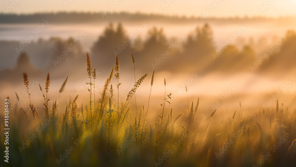 Summer meadow. Foggy morning. Close-up of summer meadow grass. Summer meadow. Foggy morning. Close-up of summer meadow grass.