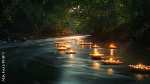 A long exposure shot of krathongs drifting down a river, leaving trails of light in their wake photo