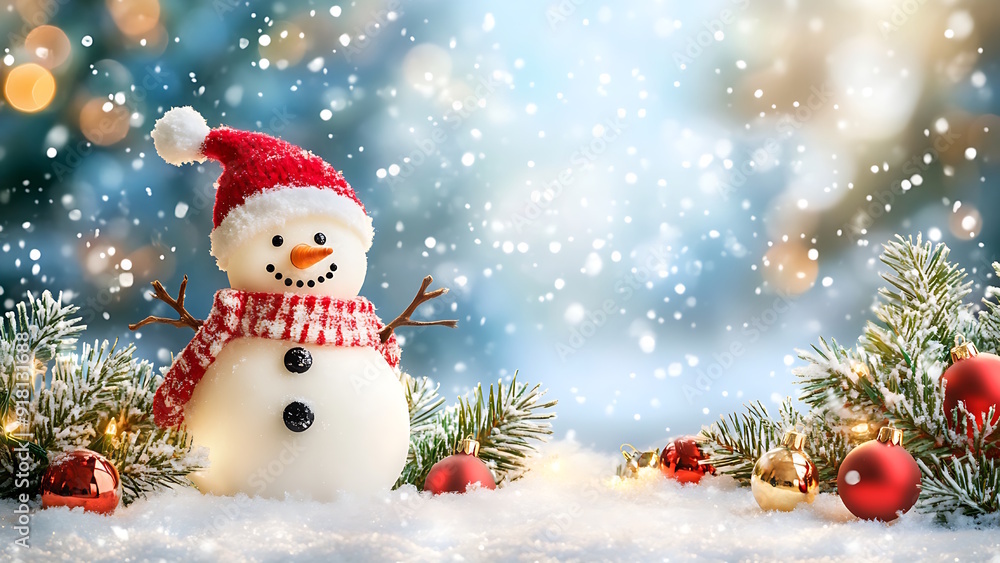 Snowman in Snowy Landscape,wearing red hat and red scarf Snowman in Snowy Landscape,wearing red hat and red scarf