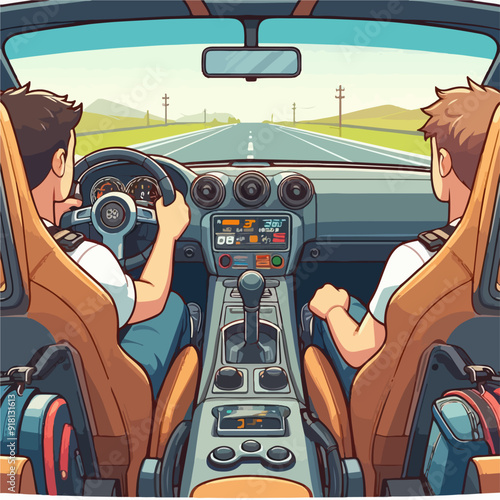 Two men are driving a car with a steering wheel and a gear shift. The car is on a road with a mountain in the background