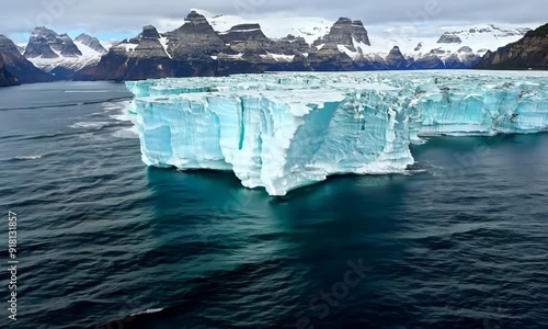 A giant piece of glacier breaks off and falls into the ocean, creating an impressive spectacle.