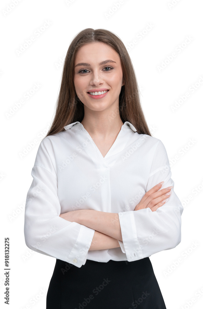 Smiling woman with arms crossed, wearing a white shirt, isolated on white background. Concept of confidence and professionalism Smiling woman with arms crossed, wearing a white shirt, isolated on white background. Concept of confidence and professionalism