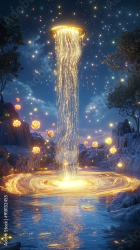 Surreal Golden Waterfall Night with Shining Stars and Reflective Sky