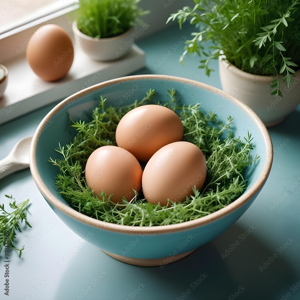 Brown chicken eggs arranged in a simple ceramic bowl, surrounded by fresh green herbs Brown chicken eggs arranged in a simple ceramic bowl, surrounded by fresh green herbs
