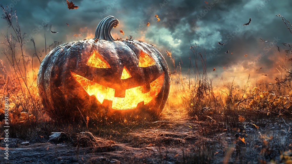 Halloween orange pumpkin with fire and dark sky Halloween orange pumpkin with fire and dark sky