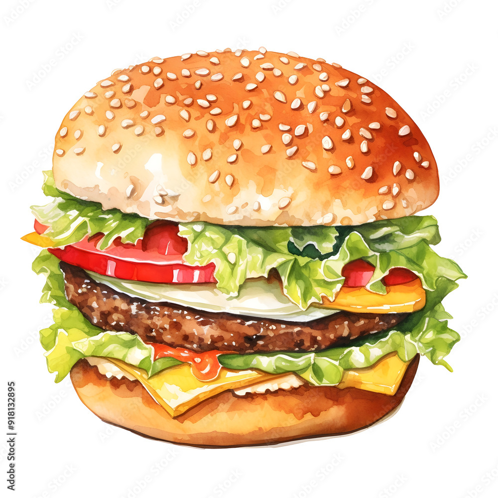 Appetizing Watercolor Burger with Cheese,Lettuce and Tomato on White Background Appetizing Watercolor Burger with Cheese,Lettuce and Tomato on White Background