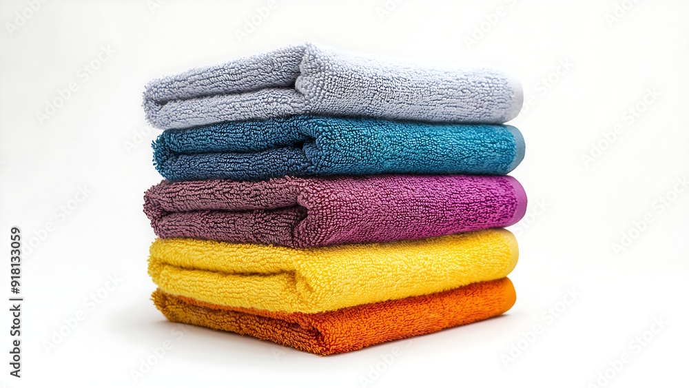 Stacked colorful folded towels isolated white background Stacked colorful folded towels isolated white background