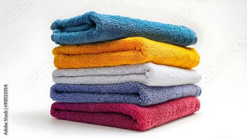 Stacked colorful folded towels isolated white background