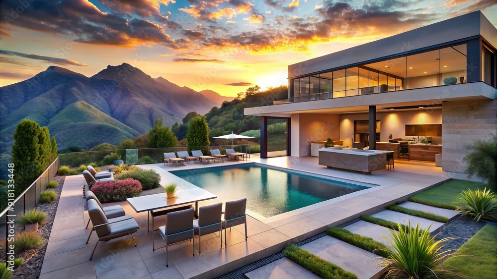 Fototapeta premium Modern luxury home with spacious backyard, sparkling swimming pool, and outdoor kitchen, surrounded by lush greenery and stunning mountain views at sunset.
