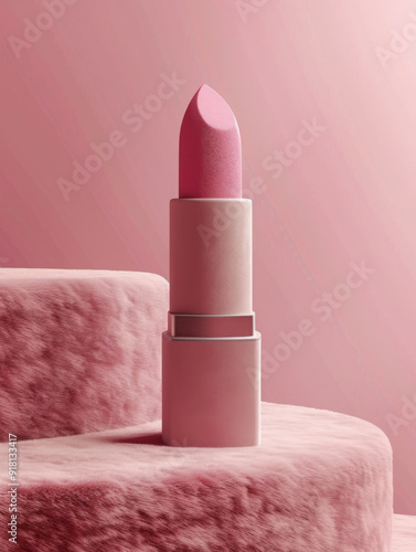 Matte pink bullet lipstick on fluffy stand. photo