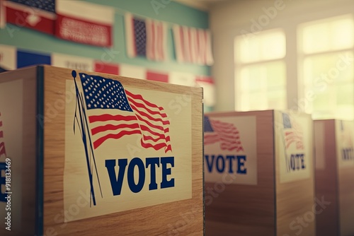 Patriotic voting concept with American flag and ballot boxes marked 'VOTE,' symbolizing democracy and election rights photo