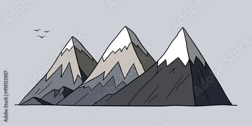 Flat graphic vector sketch of abstract snowy mountain landscape with snowcapped sharp triangular mount peaks on gray background. Simple cartoon design element for climbing or hiking tourism concept.