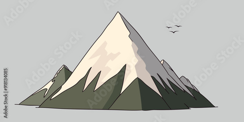 Flat cartoon graphic vector illustration of abstract mountain landscape with snowy triangular mount peak isolated on gray background. Simple flat sketch element for climbing or hiking tourism concept.