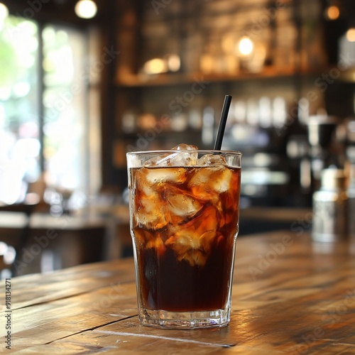 A refreshing glass of iced coffee with a straw sits on a wooden table in a cozy, rustic cafe, with a blurred background of warm, ambient lighting.