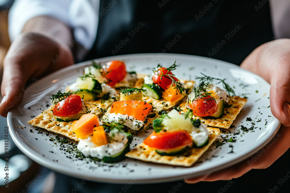 Appetizers with Smoked Salmon, Cucumber, and Tomato on Crackers. Appetizers with Smoked Salmon, Cucumber, and Tomato on Crackers.