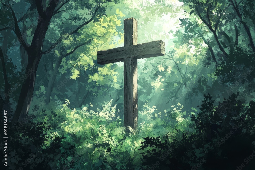 Cross Forest Chapel Christianity Religion Spiritual Symbol - Generative AI Cross Forest Chapel Christianity Religion Spiritual Symbol - Generative AI
