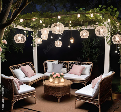 Cozy elegant outdoor living room with hanging lighting. A relaxing evening on home patio photo