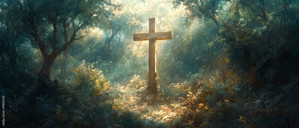 Fototapeta premium Cross Forest Chapel Christianity Religion Spiritual Symbol - Generative AI