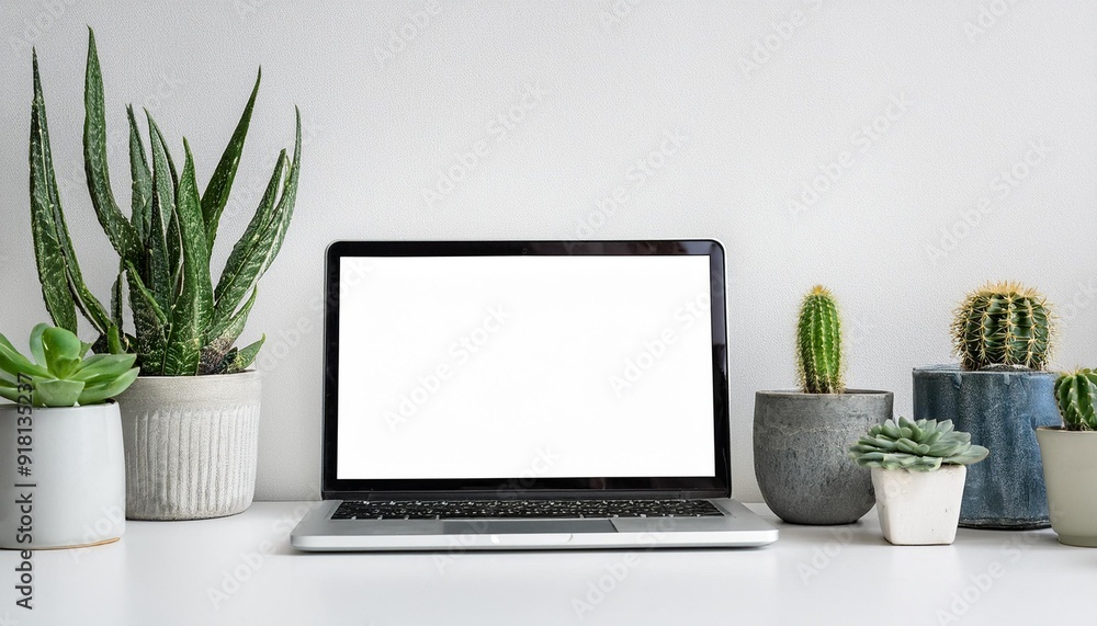 Fototapeta premium 多肉植物とサボテンとノートパソコンと白い壁（White wall with succulents and cactus and laptop） 