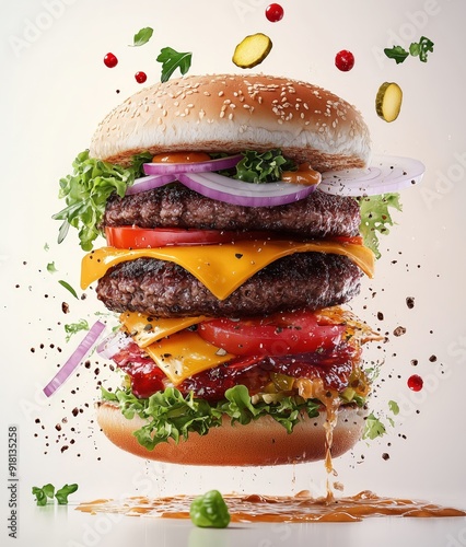 of an enormous juicy hamburger with flying ingredients and splashes