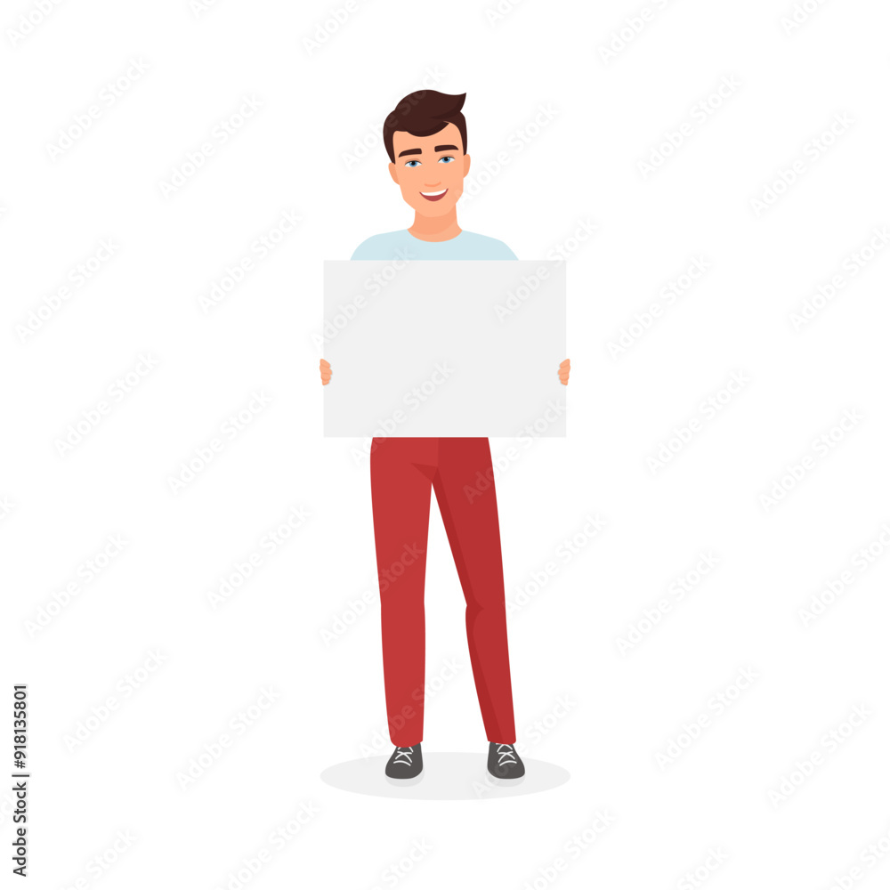A young man holds a blank poster, dressed in a white shirt and red pants, smiling and ready for customization. A young man holds a blank poster, dressed in a white shirt and red pants, smiling and ready for customization.